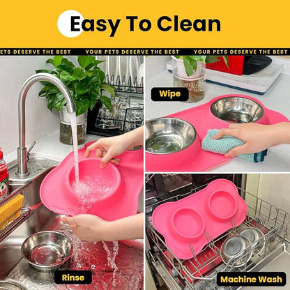 Conlun Dog Bowls with Silicone Feeding Mat,No Spill Food Water Dish Set,Dishwasher Safe,2 Stainless Steel Puppy Bowls with Dogs Bandanas,Suitable for Tiny Pets Under 8lbs,Extra Small,Pink