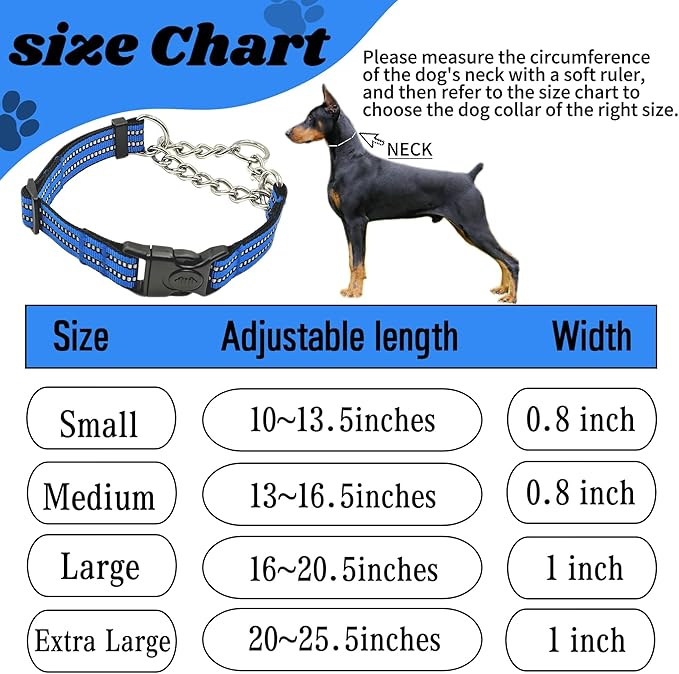 Martingale Dog Collars, Reflective Nylon Collar with Stainless Steel Chain, Adjustable Walking Training Dog Collars with Quick Release Buckle, Suitable for Small Medium Large Dogs(Blue,M)