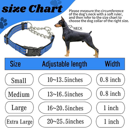 Martingale Dog Collars, Reflective Nylon Collar with Stainless Steel Chain, Adjustable Walking Training Dog Collars with Quick Release Buckle, Suitable for Small Medium Large Dogs(Blue,S)