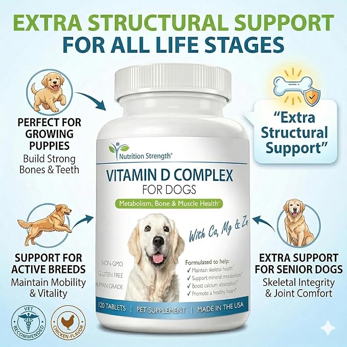 Vitamin D for Dogs with Calcium, Magnesium and Zinc to Support Strong Teeth, Bones and Muscles, Promote Mineral Metabolism and a Healthy Immune Function, 120 Chewable Tablets