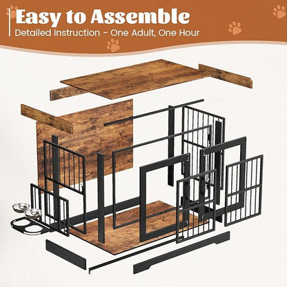 VOPEAK 46" Rustic Dog Crate Furniture, Heavy Duty Dog Cage for Medium Large Dogs, Dog Crate Dog Kennel Indoor with Removable Trays, Chew Resistant Crate for Bedroom Living Room, Rustic Brown