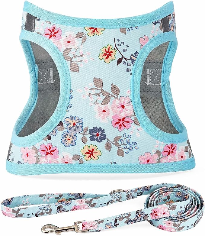 Moonpet Step in Dog Harness Leash Set- All Weather Reflective No-Pull Floral Pattern Padded Mesh Vest Harness for Cats Puppy Extra-Small Small Medium Large Dogs - Bell Orchid - M