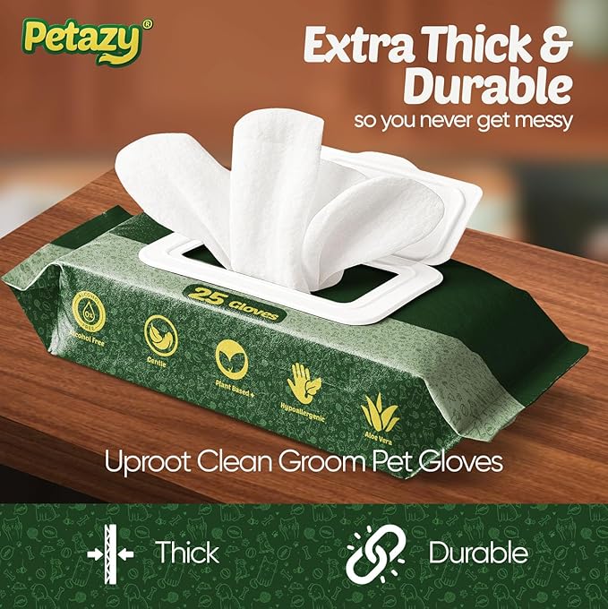 Petazy Pet Glove Wipes for Dogs & Cats – Hypoallergenic Thick Cleaning Gloves with Aloe & Coconut Oil for Paws, Face, Ears & Butt, Instant No Rinse Grooming Wipes to Deodorize and Hydrate, 25 Pack