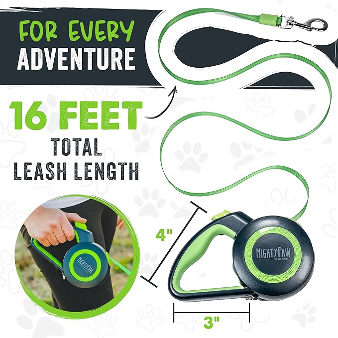 Mighty Paw Retractable Dog Leash 2.0 | 16' Heavy Duty Reflective Nylon Tape Lead for Pets up to 0-50 lbs. Tangle Free Design W/One Touch Quick-Lock Braking System & Anti-Slip Handle (Green/Lite)