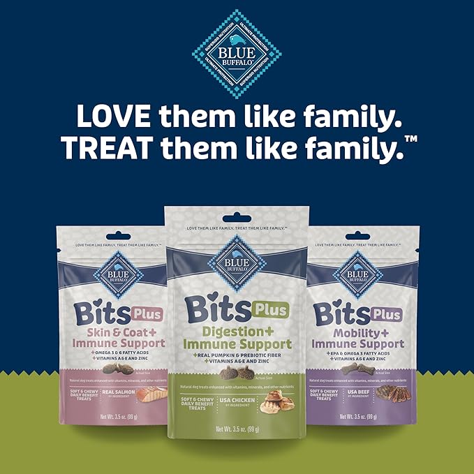 Blue Buffalo Blue Bits Plus Digestion and Immune Support Daily Benefit Dog Treats, Soft & Chewy Chicken and Pumpkin Morsels, 3.5-oz. Bag