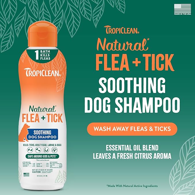 TropiClean Soothing Flea and Tick Shampoo for Dogs, Powerful & Natural Defense, for Large & Small Dogs, Made in USA, 20oz