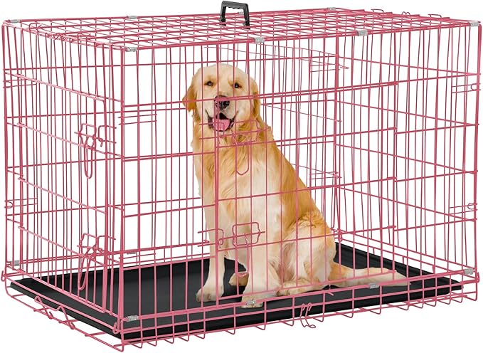 Dog Crate for Large Medium Dogs Folding Dog Kennel Cage with Plastic Tray & Divider 48" Indoor Outdoor Metal Double Door Pet Playpen Heavy Duty Dog Pen Enclosure Pink