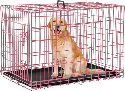 Dog Crate for Large Medium Dogs Folding Dog Kennel Cage with Plastic Tray & Divider 48" Indoor Outdoor Metal Double Door Pet Playpen Heavy Duty Dog Pen Enclosure Pink