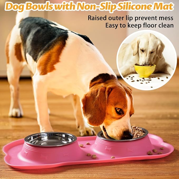 Hubulk Pet Dog Bowls 2 Stainless Steel Dog Bowl with No Spill Non-Skid Silicone Mat + Pet Food Scoop Water and Food Feeder Bowls for Feeding Small Medium Large Dogs Cats Puppies (Large, Pink)