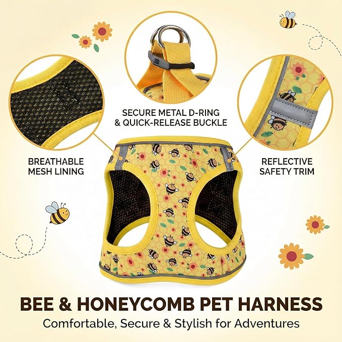 Mihqy Step in Dog Harness and Leash Set, Reflective Adjustable No Pull Dog Harness for Extra-Small/Small Dogs Puppy and Cats, Soft Padded Mesh Vest Harnesses for Girl and Boy Pets(Bee,XXS)