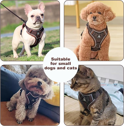 SOLMOONY Small Dog Harness,Soft Mesh Puppy Harness and Leash Set,No Escape Cat Harnesses for Training Walking,Reflective Adjustable Puppy Vest for Small Medium Dogs, Cats (Brown, S)