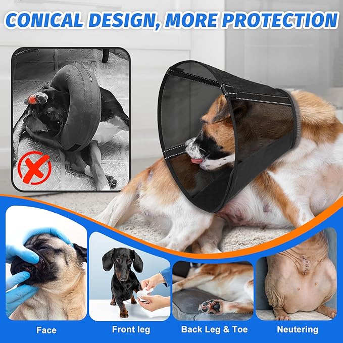 Breathable Mesh Dog Cone Collar for Surgery, Soft Elizabethan Recovery Alternative to Stop Licking,Pet Neck Collar for Large Medium Small Breeds(Navy Black,3)
