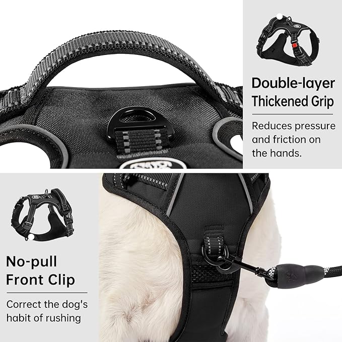 IVY&LANE No Pull Dog Harness for Small Dogs, Dog Vest Harness with Leash, Safety Belt and Storage Strap, Fully Adjustable Harness, 360° Reflective Strip, Soft Handle (Black, XS)