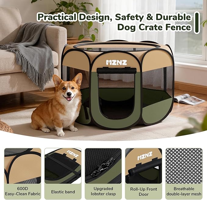 Dog Playpen, Portable Puppy Pet Crate Indoors for Small/Medium Dogs Cats Rabbits, Foldable Dog Cage Enclosure for Outdoor, Pop Up Dogs Tent Kennel with Carrying Case, Olive Green