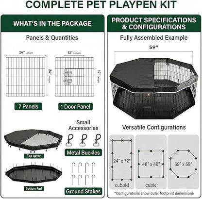 PJYuCien Dog Playpen with Top Cover and Bottom Pad - Metal Foldable Exercise Pen, 8 Panels 24" H x 24" W Indoor Outdoor Pet Fence Puppy Crate Kennel, Black