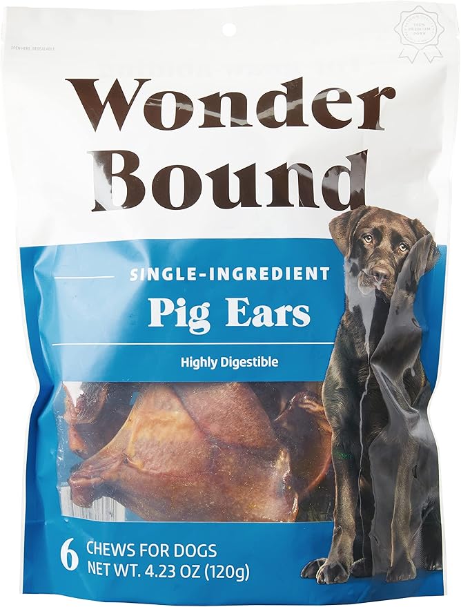 Amazon Brand – Wonder Bound Whole Pig Ears Dog Treats, Pork, 6 ounce, 6 Count (Pack of 1)