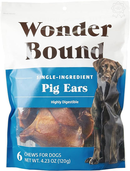 Amazon Brand – Wonder Bound Whole Pig Ears Dog Treats, Pork, 6 ounce, 6 Count (Pack of 1)