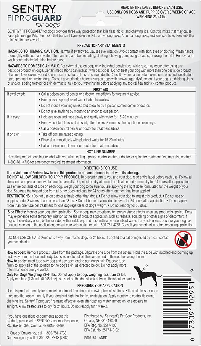 Sentry Fiproguard for Dogs, Flea and Tick Prevention for Dogs (23-44 Pounds), Includes 3 Month Supply of Topical Flea Treatments