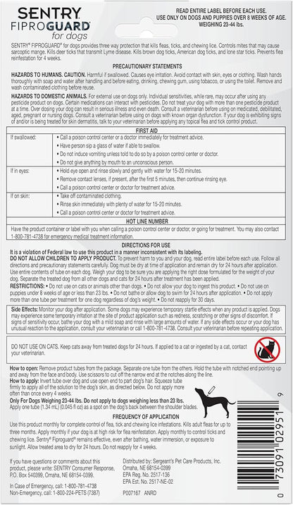 Sentry Fiproguard for Dogs, Flea and Tick Prevention for Dogs (23-44 Pounds), Includes 3 Month Supply of Topical Flea Treatments