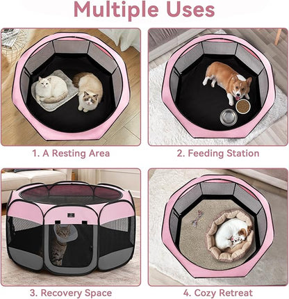 Dog Playpen for Small Dogs & Puppies, 40.55" Portable Indoor Outdoor Puppy Playpen with Bowl, Waterproof Floor, Foldable Pop-Up Pet Pen for Home, Travel & Daily Use, Pink+Grey