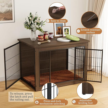 Greesum Modern Dog Crate Furniture That Doubles as a Side Table - Sturdy Wooden Kennel with Double Door Design, Equipped with Soft Cushion & Chew-Resistant Resign, Suitable for Dogs