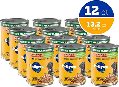 Pedigree Chopped Ground Dinner Weight Management Wet Dog Food,Canned Dog Food Chicken & Rice Dinner in Meaty Juices,13.2 oz. Cans,12 Count (Pack of 2)