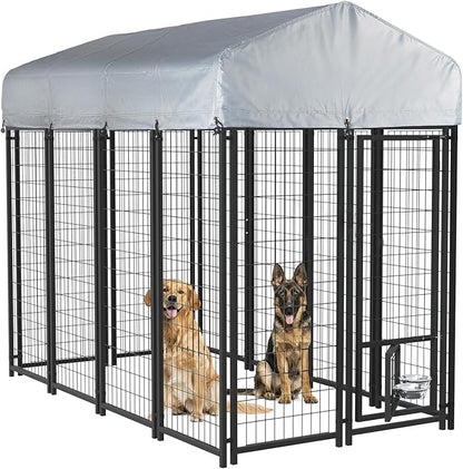 LEMBERI 8x4x6 FT Outdoor Dog Kennel for Large Dogs, Heavy Duty Welded Wire Steel Dog Playpen Fence with Secure Lock, Pet Pen with UV-Resistant Waterproof Roof Cover for Outside