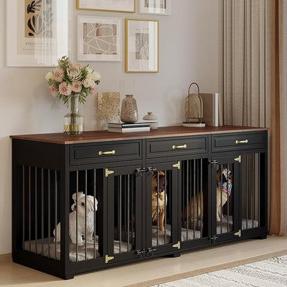 Dog Crate Furniture - Indoor Wooden Dog Kennel Crate Furniture with 2 Dividers, 3 Drawers, and 3 Lockable Doors, 72"x23.6"x31.5"H, Black