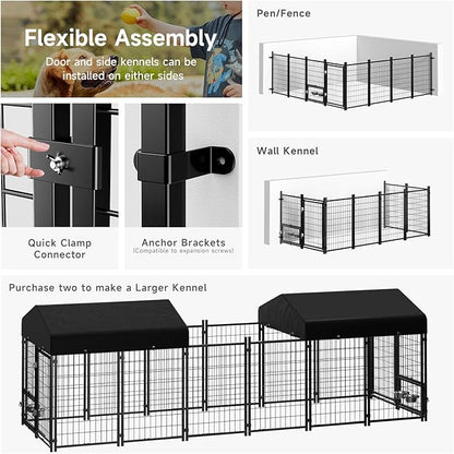 2PCS Dog Kennel Outdoor, Outside Dog Kennel with Roof & Swivel Feeders/Removable Doggy Door Allow Connecting Your Dog House, Heavy Duty Dog Run Pen Yard for Medium/Large Dogs (5'Lx5'Wx5'H)