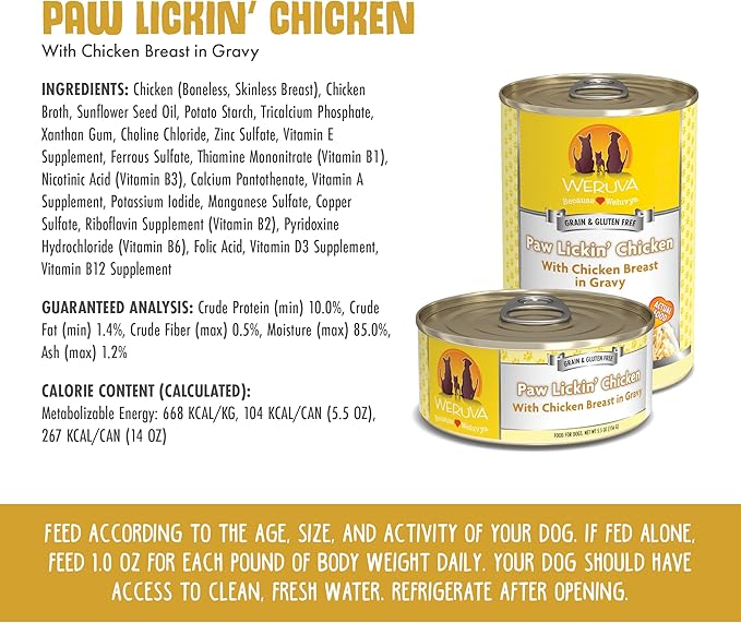 Weruva Classic Dog Food, Paw Lickin’ Chicken with Chicken Breast in Gravy, 5.5oz Can (Pack of 24)