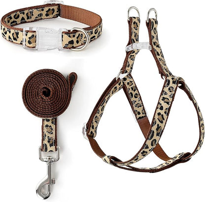 Mile High Life Leopard Dog Harness Collar Leash Set, Adjustable No Pull Dog Halter Harness for Small Breed Dogs, Easy Control for Training Walking (Brown, S Chest 11"-18", Neck 10"-14")