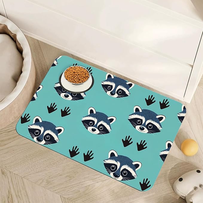 Cute Raccoon Dog Food Mat for Floors,Absorbent Pet Food and Water Bowl Mats,Non-Slip Pet Feeding Mat,Pet Supplies 12" x 20"
