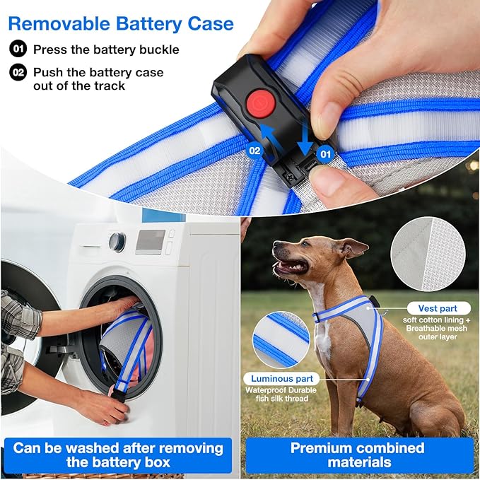 ChalkLit Light Up Dog Harness, No Pull Led Dog Harness Glow-in-The-Dark for Night Walking, USB Rechargeable Lighted Safety Vest for Medium Large Dogs, Adjustable Soft Mesh Fully Illuminated (Blue, XL)