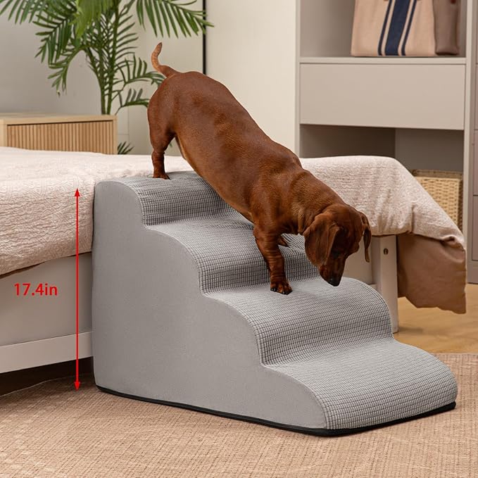 Aodisman 4-Step Dog Stairs and Ramp for Beds or Couches,Non-Slip Sturdy Pet Steps for Small Dogs and Cats,17.4" H,Light Grey