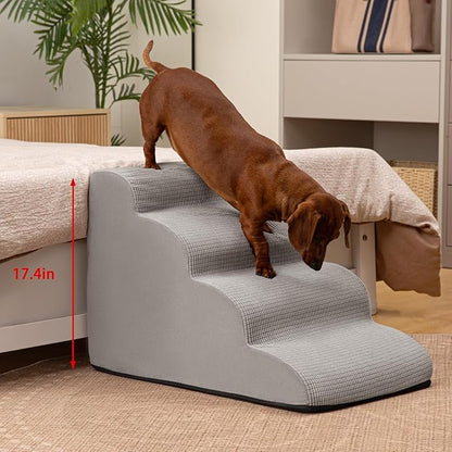 Aodisman 4-Step Dog Stairs and Ramp for Beds or Couches,Non-Slip Sturdy Pet Steps for Small Dogs and Cats,17.4" H,Light Grey