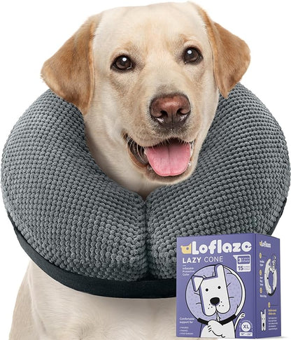 Loflaze Soft Inflatable Dog Cone Collar Alternative After Surgery - Dog Neck Donut E Collar for Large Medium Small Dogs Cats Post Surgery - Recovery Collar to Stop Licking - Grey, XXL