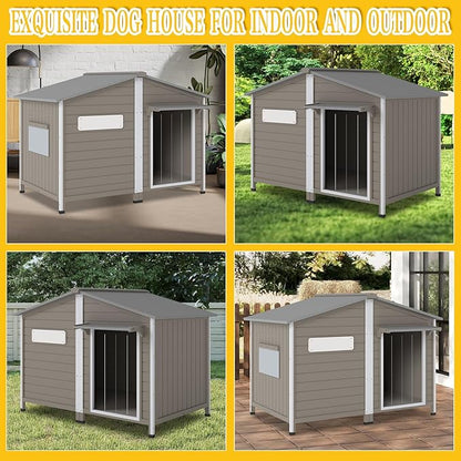 PetsCosset 55.1" L Large Dog House Outdoor & Indoor,Fir Wood Dog Kennel with Weatherproof Openable Asphalt Roof,Spacious Doghouse with Anti-Chewing Metal Edges for Small & Medium & Large Dogs,Grey