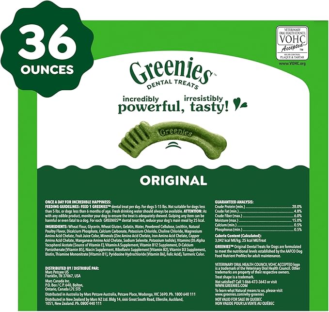 Greenies Veterinarian-Recommended Adult Natural Dental Dog Treats Teenie Size, Dog Dental Chews, Original Flavor, 36 oz. Pack, 130 Count