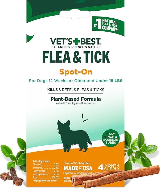 Vet’s Best Natural Flea and Tick Drops for Small Dogs, Plant-Based Spot-On Treatment with Certified Essential Oils, Topical Flea and Tick Prevention and Control, Natural Pest Care, 4 Month Supply