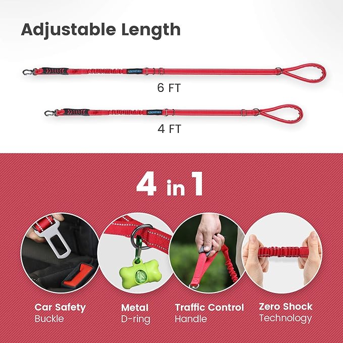 IOKHEIRA Multifunctional Dog Leash for Medium & Large Dogs - Red Adjustable With Car Seatbelt, 4-6 FT Strong Bungee