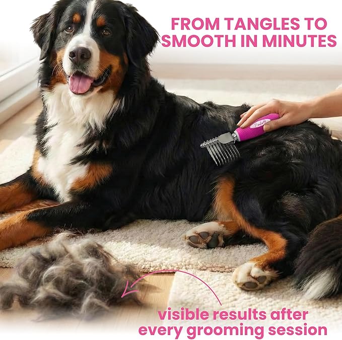 Poodle Dematting Fur Rake Comb Brush for Dogs and Cats - Long 2.5" Steel Safety Blades Metal Comb for Detangling Matted or Knotted Undercoat Hair