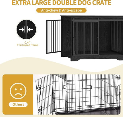 Hzuaneri 78" Dog Crate Furniture for 2 Dogs, Double Dog Cage with Divider, Wooden Heavy Duty Dogs Kennel, Pet Cage with Barn Door, TV Stand for Large Small Medium Pet, Black DFC83704B