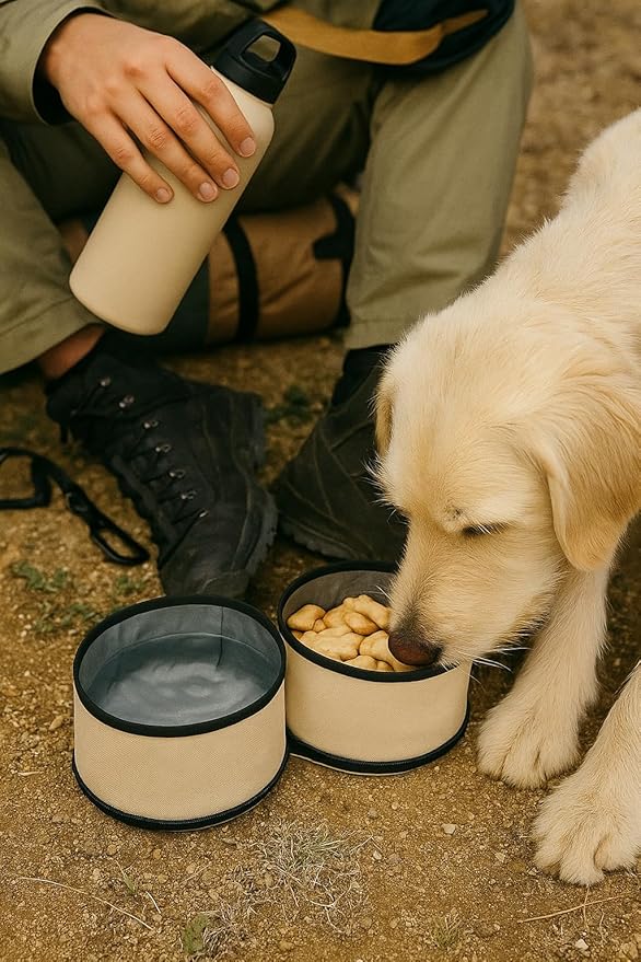 OllyDog Superbowl | Collapsible Dog Travel Bowl | 2 Compartment Food & Water | Foldable| Portable Dog Bowl | Hiking, Camping (Con Leche)