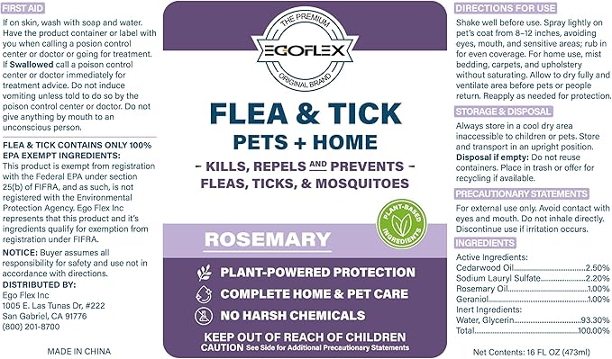 Flea Spray for Home & Pets - Flea and Tick Prevention for Dogs - Plant Based Repellent with Natural Essential Oils for Dog Flea Treatment Protection - Rosemary Scent - 16 Fl Oz