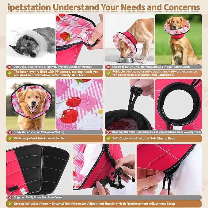 Soft Dog Cone Collar After Surgery: Adjustable Long Foldable Comfy Recovery Shame Elizabethan Stop Licking Small Medium Large Dogs (Red, L)