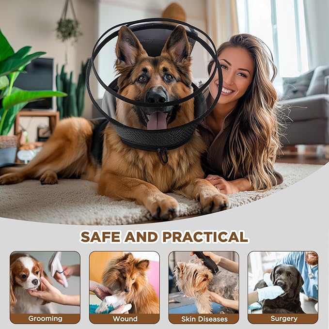 Soft Dog Cone for Dogs After Surgery,Transparent Breathable Dog Cone Collar for Small Large Medium Size Dog,Adjustable Depth Pet Recovery Collars,Elizabethan Collar for Dogs Stop Licking (Black-XL)