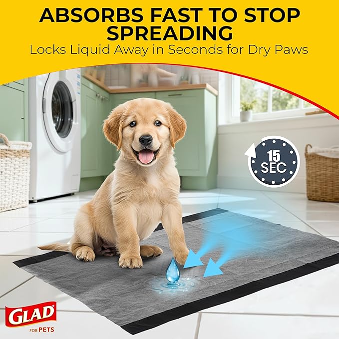 Glad for Pets Extra Large Charcoal Dog Training Pads, Absorbent Leak Proof Pee Pads for Dogs and Puppies, Odor Control Potty Pads with Activated Carbon, 28 x 30 Inches, 30 Count - 6 Pack