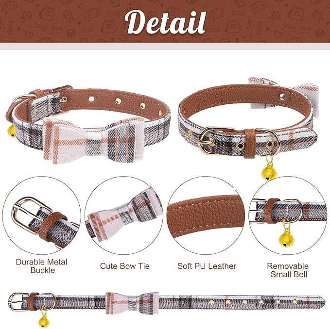 EXPAWLORER Puppy Collar and Leash Set - Classic Plaid Small Dog Collar with Bow Tie, Cute Dog Collar and Leash Set, Adjustable Dog Collar for Small Dogs Cats Holiday Birthday Gifts, Beige Small