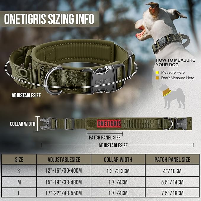 OneTigris Tough Dog Collars, Tactical Dog Collar with Handle, Milltary Adjustable Dog Collar with Heavy Duty Metal Buckle for Training (Green, S)