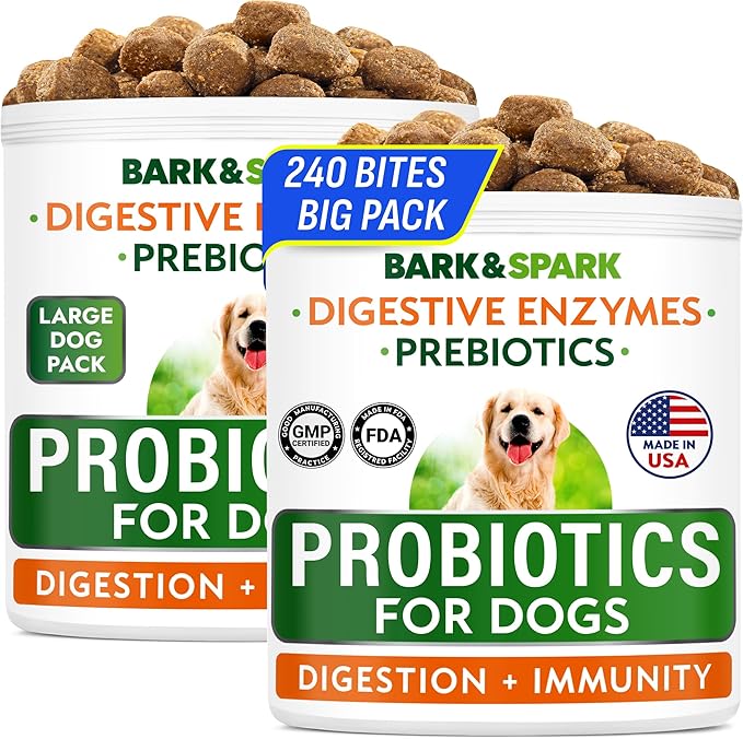 BARK&SPARK Dog Probiotics & Digestive Enzymes (Gut Health) Allergy & Itchy Skin - Pet Diarrhea Gas Treatment Upset Stomach Relief, Digestion Health Prebiotic Supplement Dog Treats (240Ct Chicken)